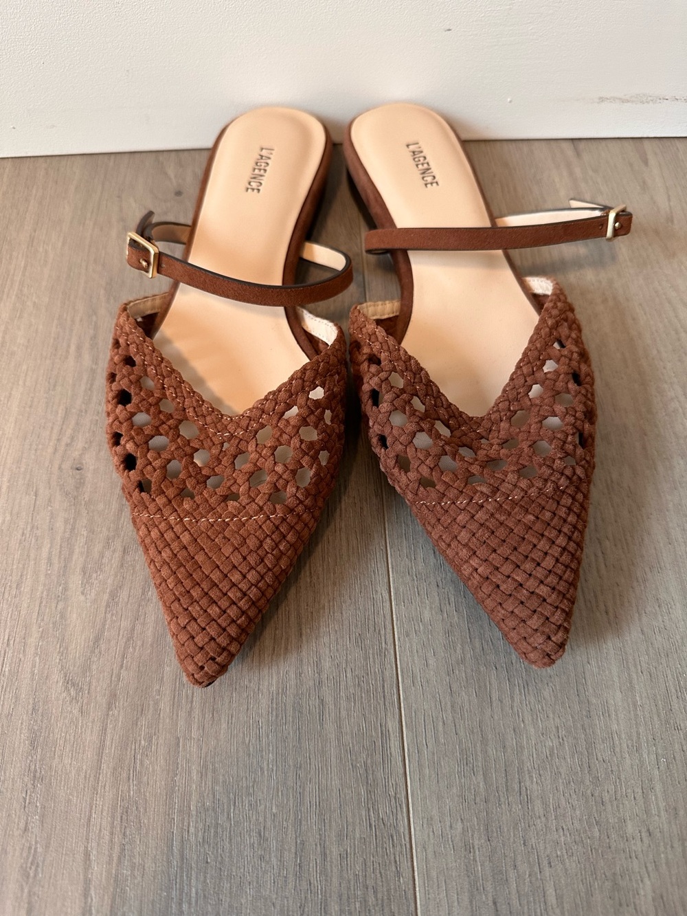 L'AGENCE Brown Woven Pointed-Toe Slingback Mules